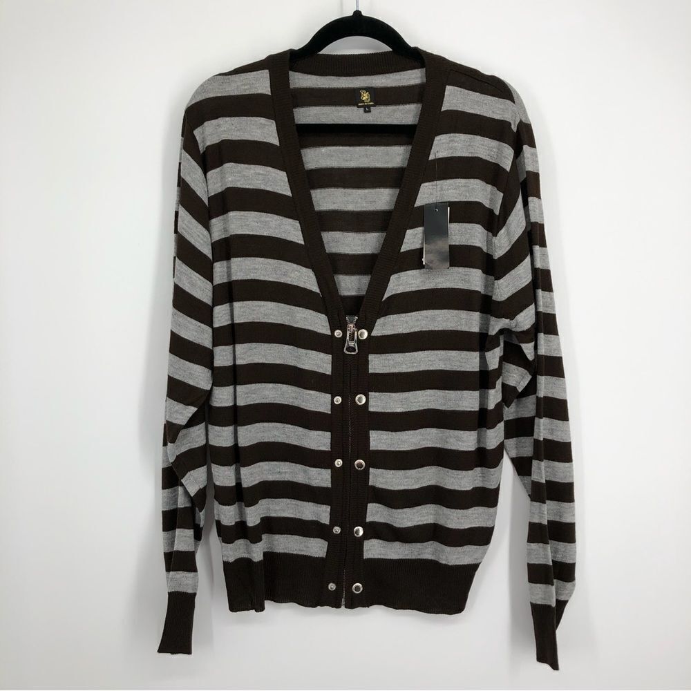 🆕 BB Versatile Zip Button‎ Down Stripe Cardigan Womens L NWT